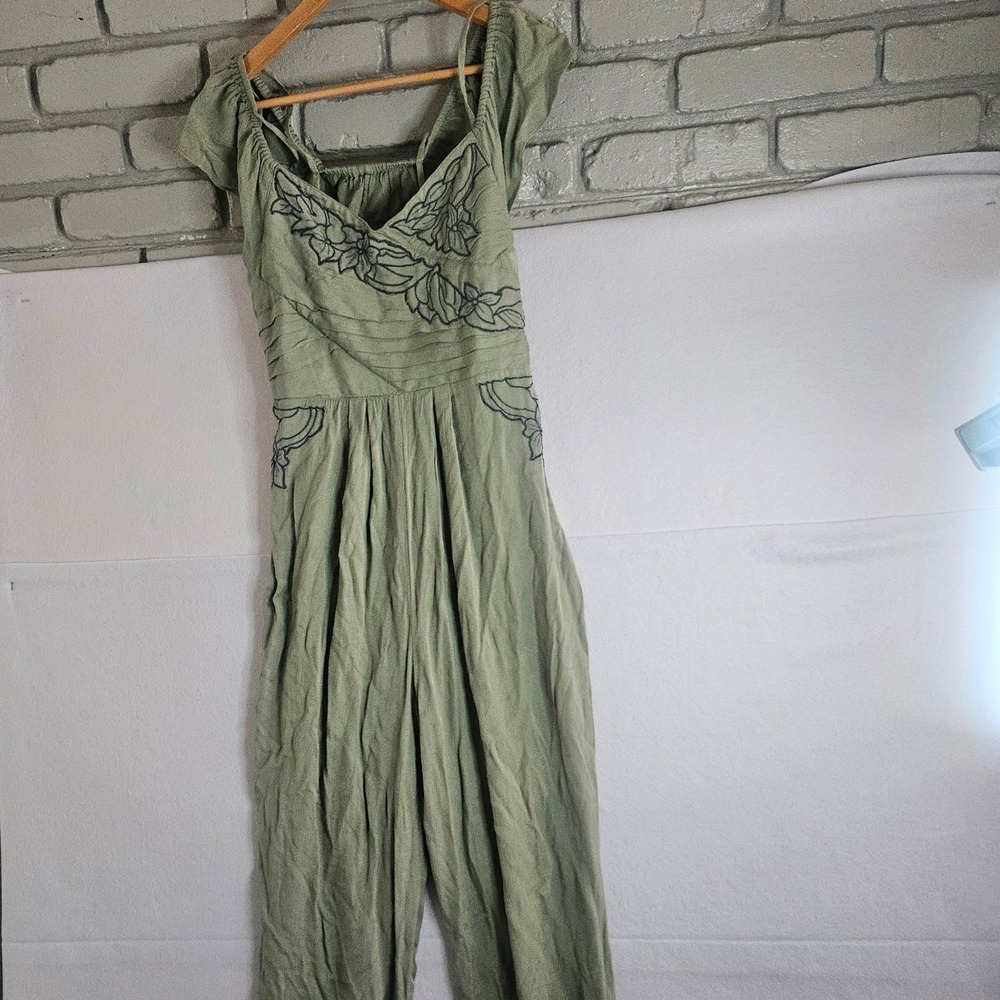 Free People‎ Olive Green Embroidered Wide Leg Jumpsuit Boho Tie Cuff Size 10
